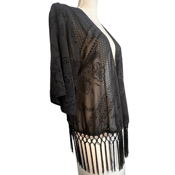 Festival Whimsigoth Cowboy Black Kimono Sheer Duster Cardigan Fringe Floral Mesh - Picture 4 of 16